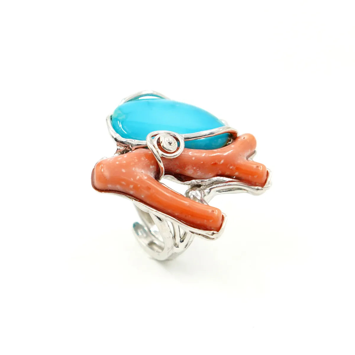 Anello in Arg.925 con ramo di Corallo rosa e Turchese