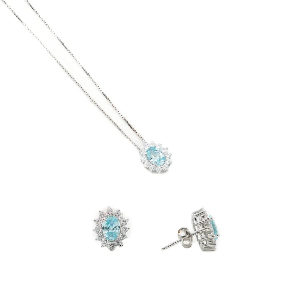 Set Halo in argento 925 con zircone ovale azzurro e giro di zirconi bianchi