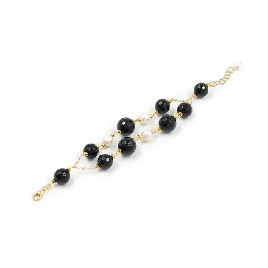 Bracciale ammagliato con filo di Arg.925 Dorato con Agata nera e Perle