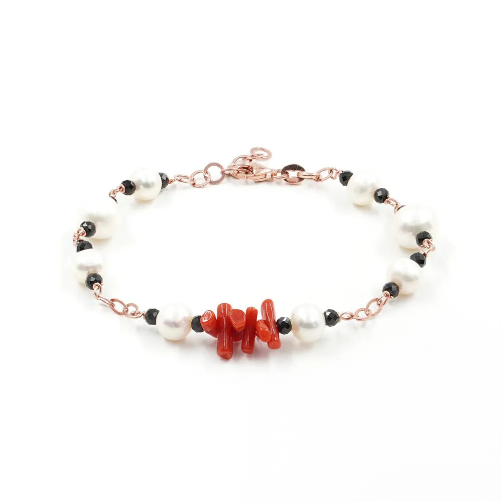 Bracciale ammagliato con filo di Arg.925 rosato con Perle, Corallo Mediterraneo, Spinello nero