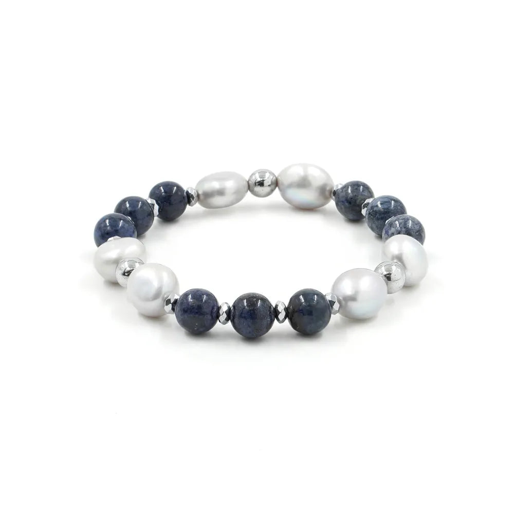 Bracciale elastico con Dumortierite, Perla e Ematite