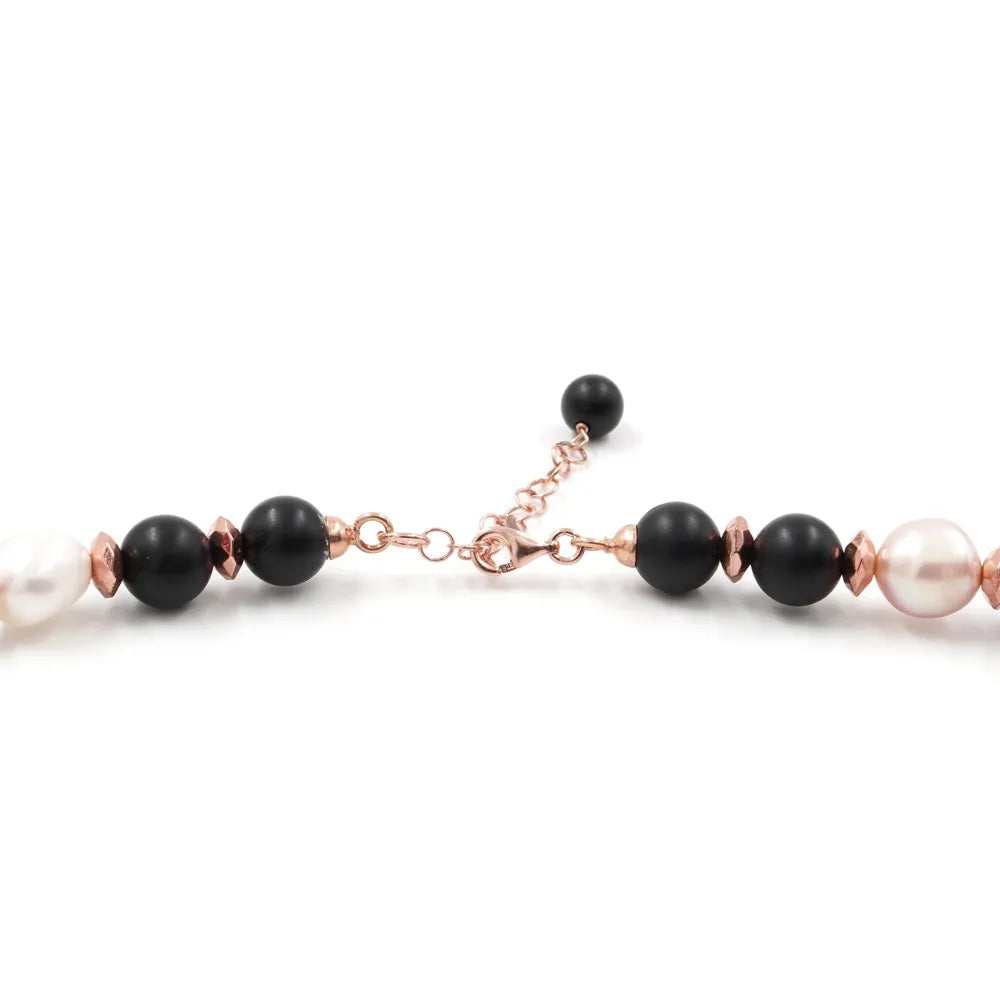 Collana in Arg.925 Rosato con Pietra del Sole, Agata nera, Ematite e Perle