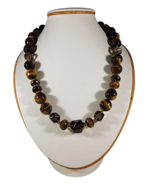 Collana in Occhio di Tigre, Quarzo Fumè e Argento 925 Placcato Oro