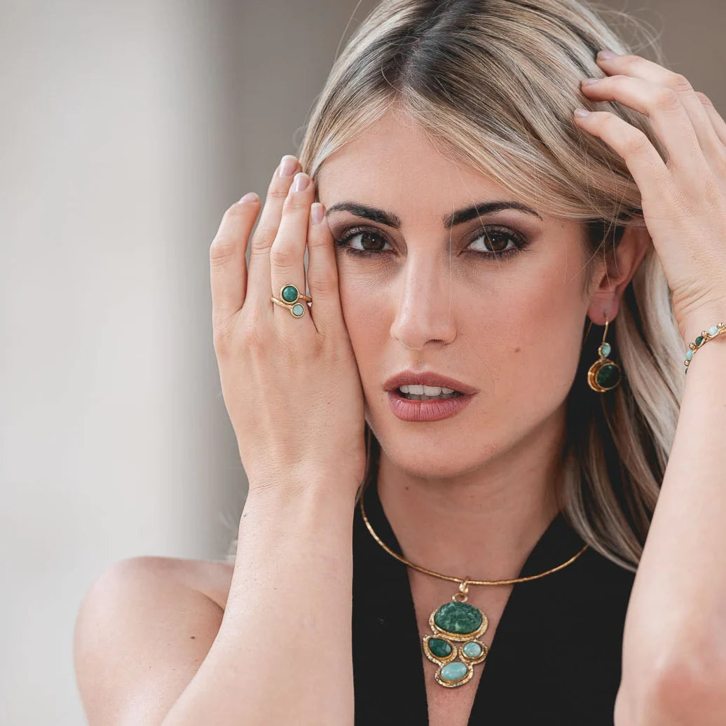 Anello due pietrine in Ottone e Pietra naturale