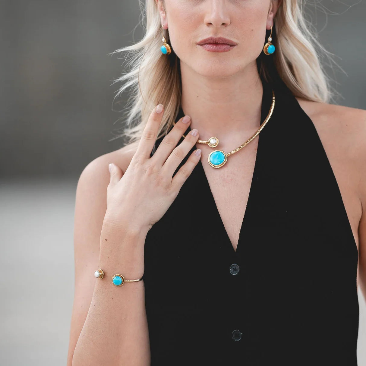 Bracciale regolabile in ottone con Perla e Turchese