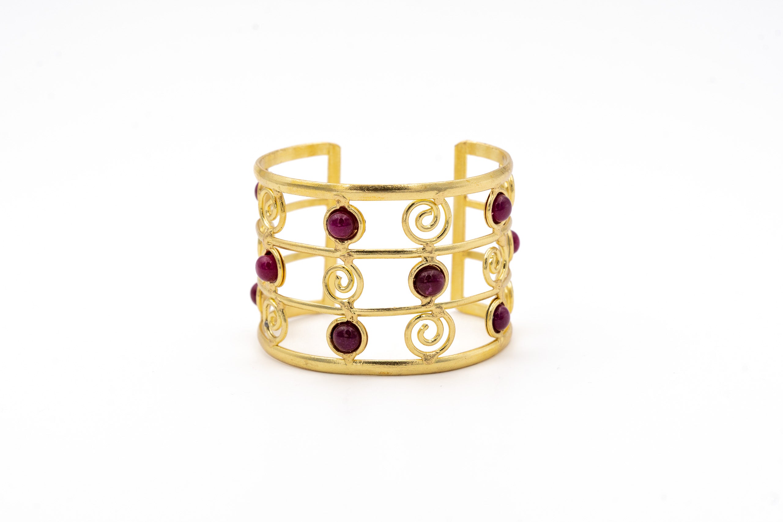 Bracciale ottone fascia riccioli e pietre Rubino