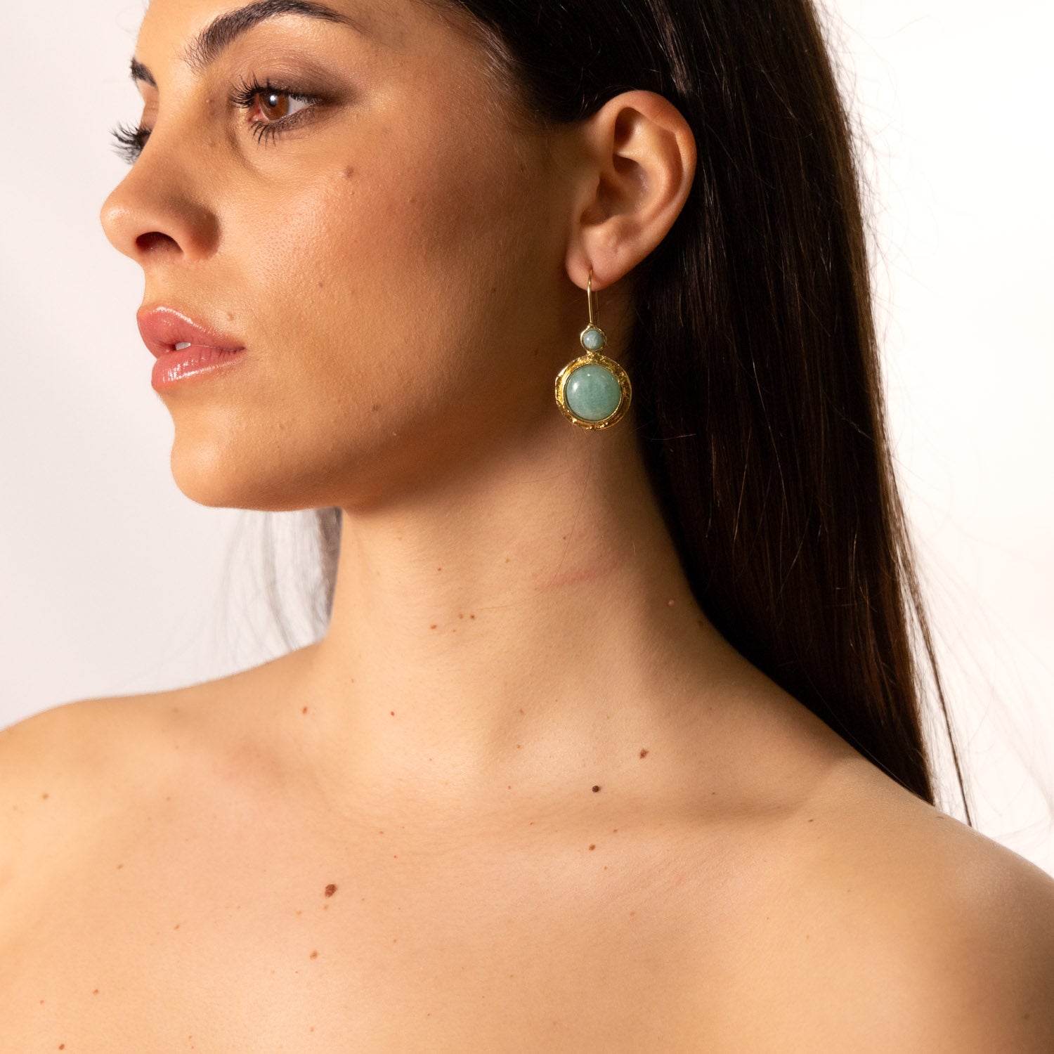 Orecchini in ottone con due pietre tonde in Amazzonite