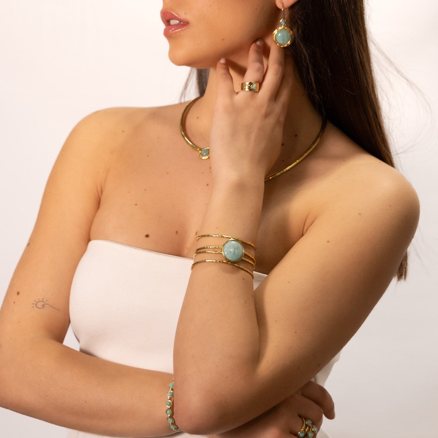 Bracciale in Ottone a fascia con pietra centrale tonda in Amazzonite