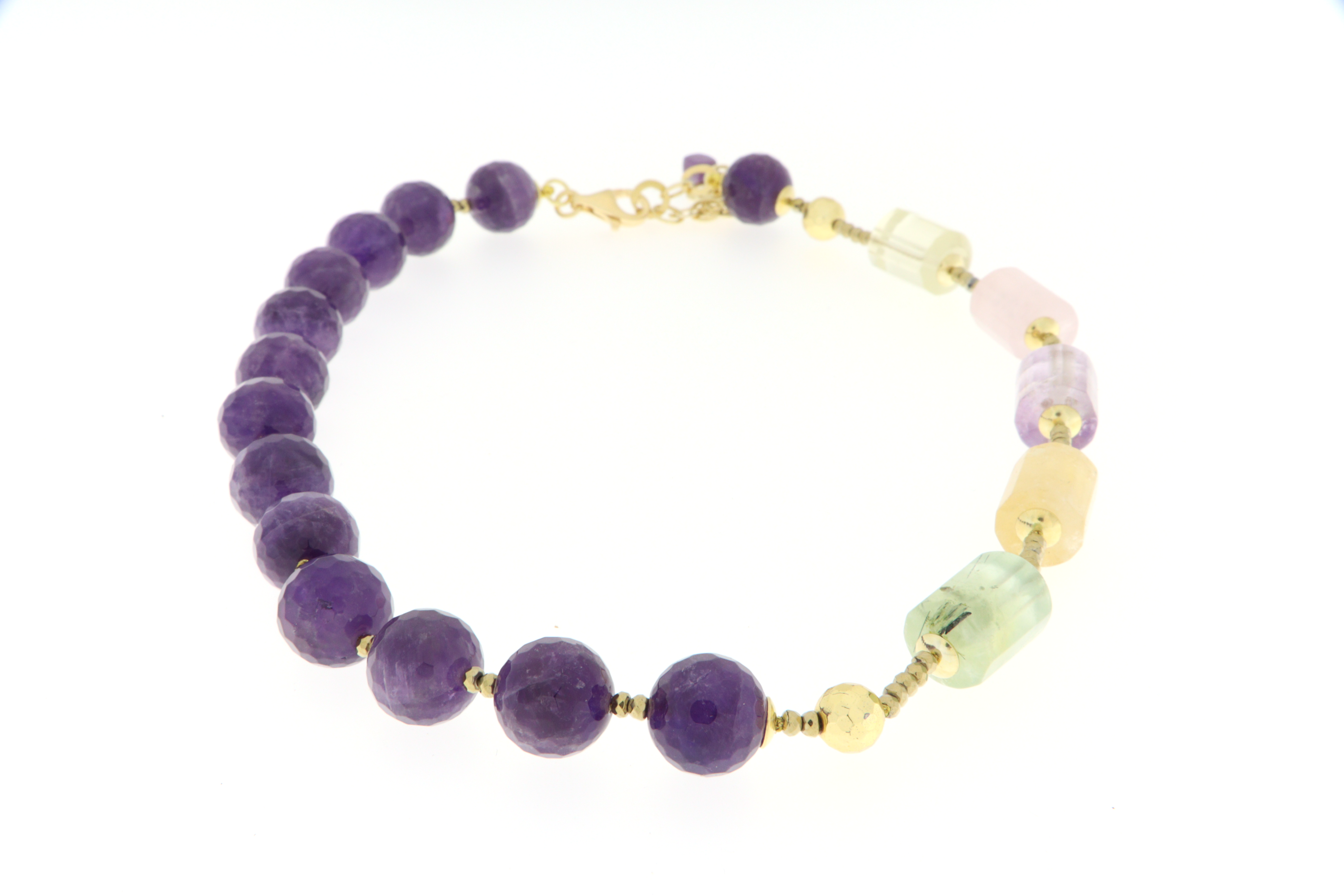 Collana in Argento 925 Dorato, Ametista sfaccettata, Prehnite e Quarzi