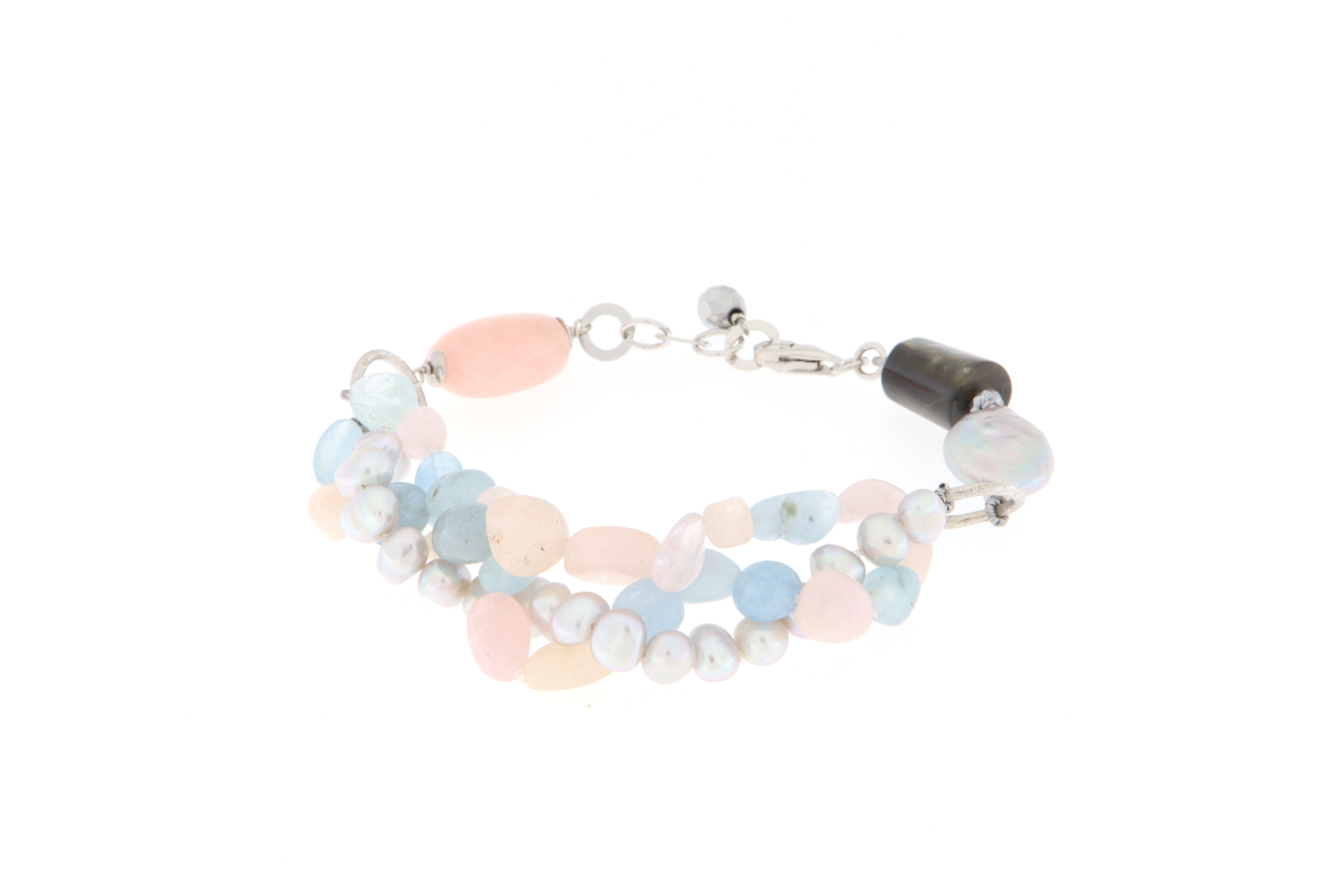 Bracciale in Argento 925, Acquamarina, Morganite, Madreperla e Perle grigie