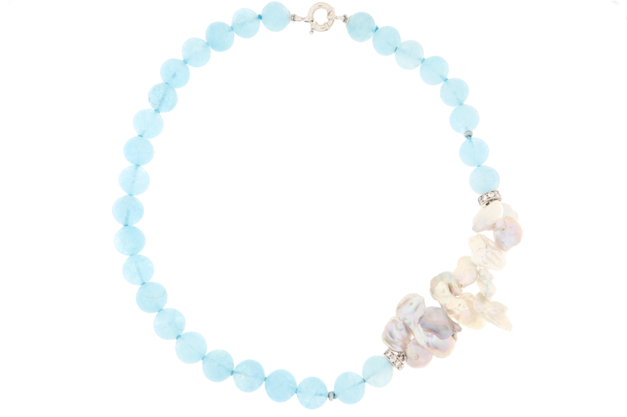 Collana in Arg.925, Zirconi, Acquamarina e Perle Keshi grigie