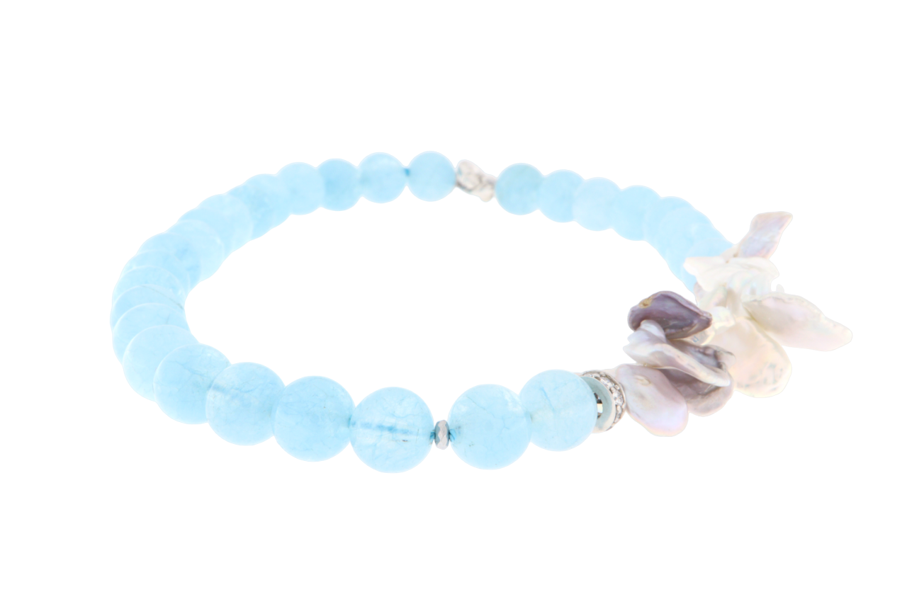 Collana in Arg.925, Zirconi, Acquamarina e Perle Keshi grigie