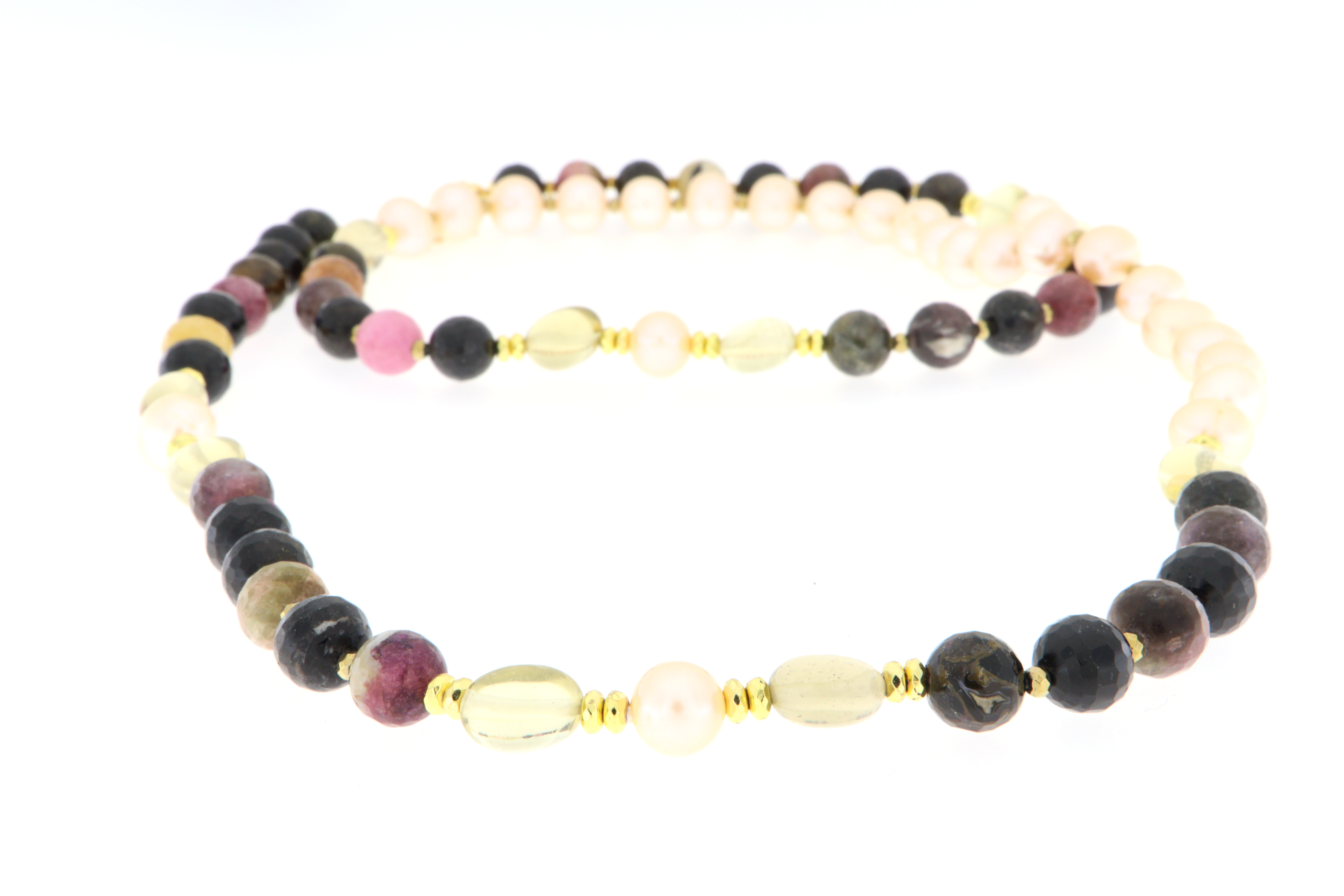 Collana lunga in Arg.925 dorato, Ematite dorata, Tormalina e Perle