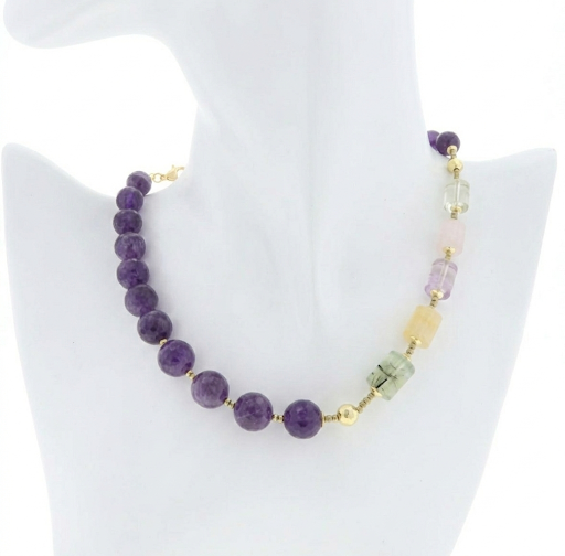 Collana in Argento 925 Dorato, Ametista sfaccettata, Prehnite e Quarzi