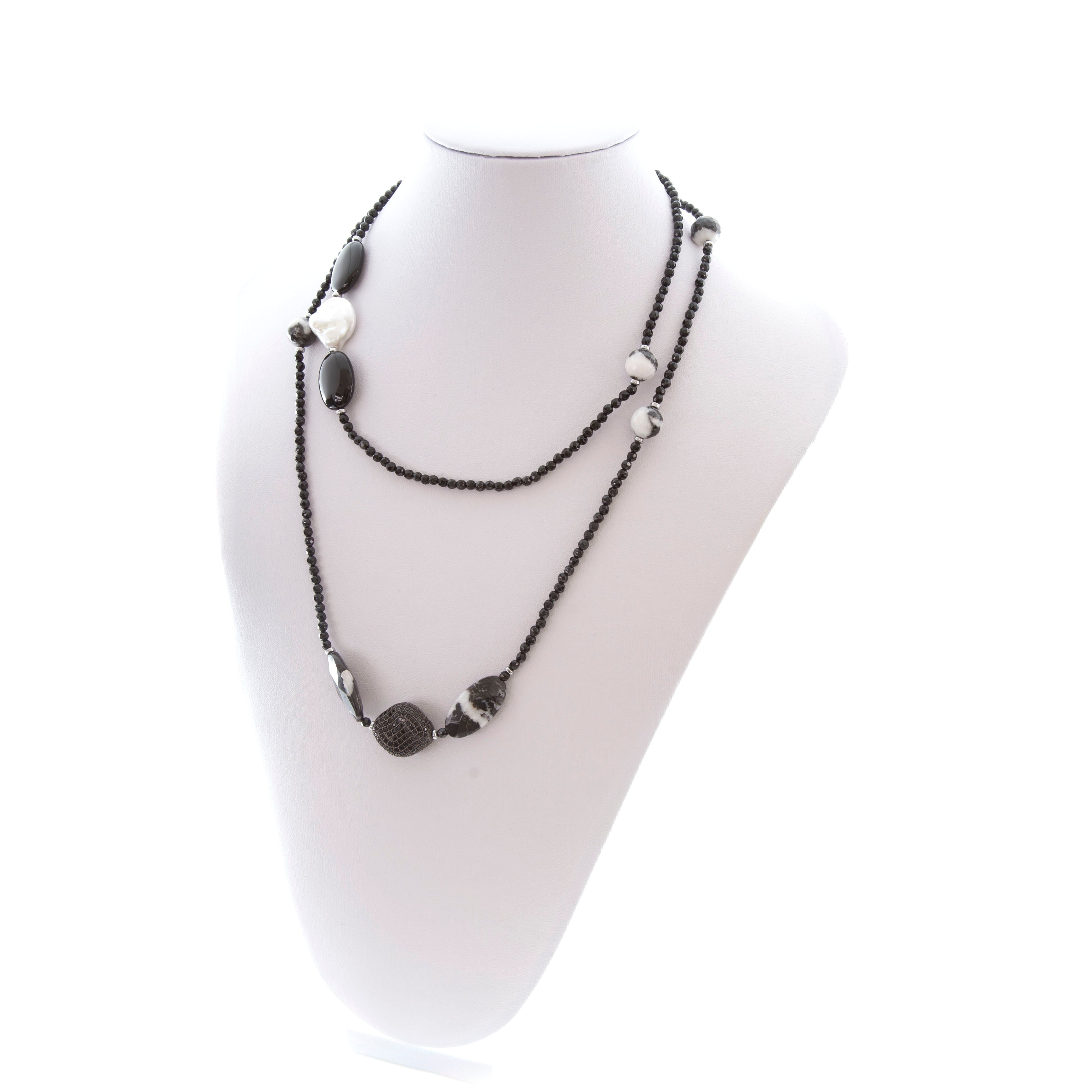 Collana in Agata Nera, Diaspro Zebrato, Perla Barocca e Argento 925