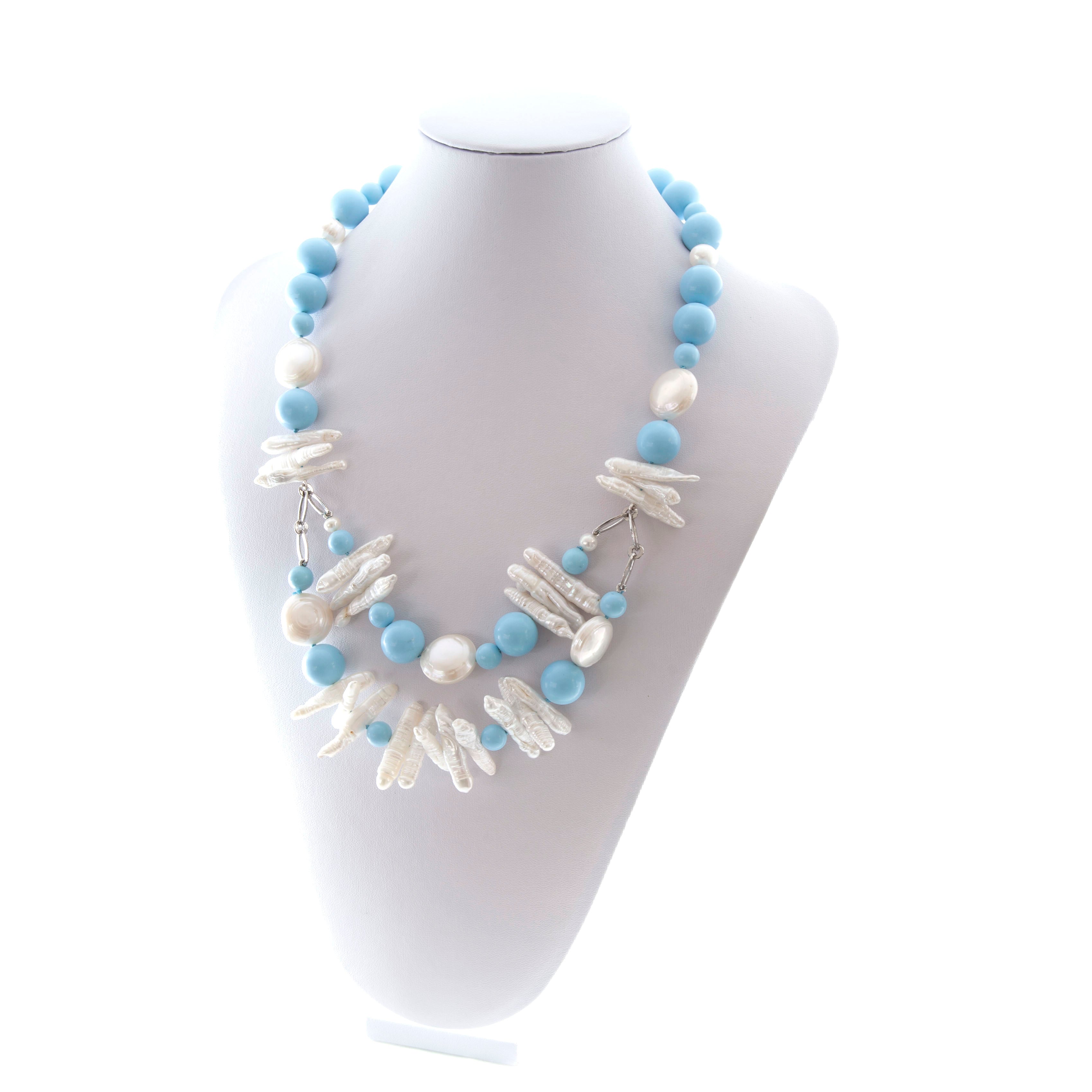 Collana in Pasta di Turchese, Perle Biwa e Argento 925