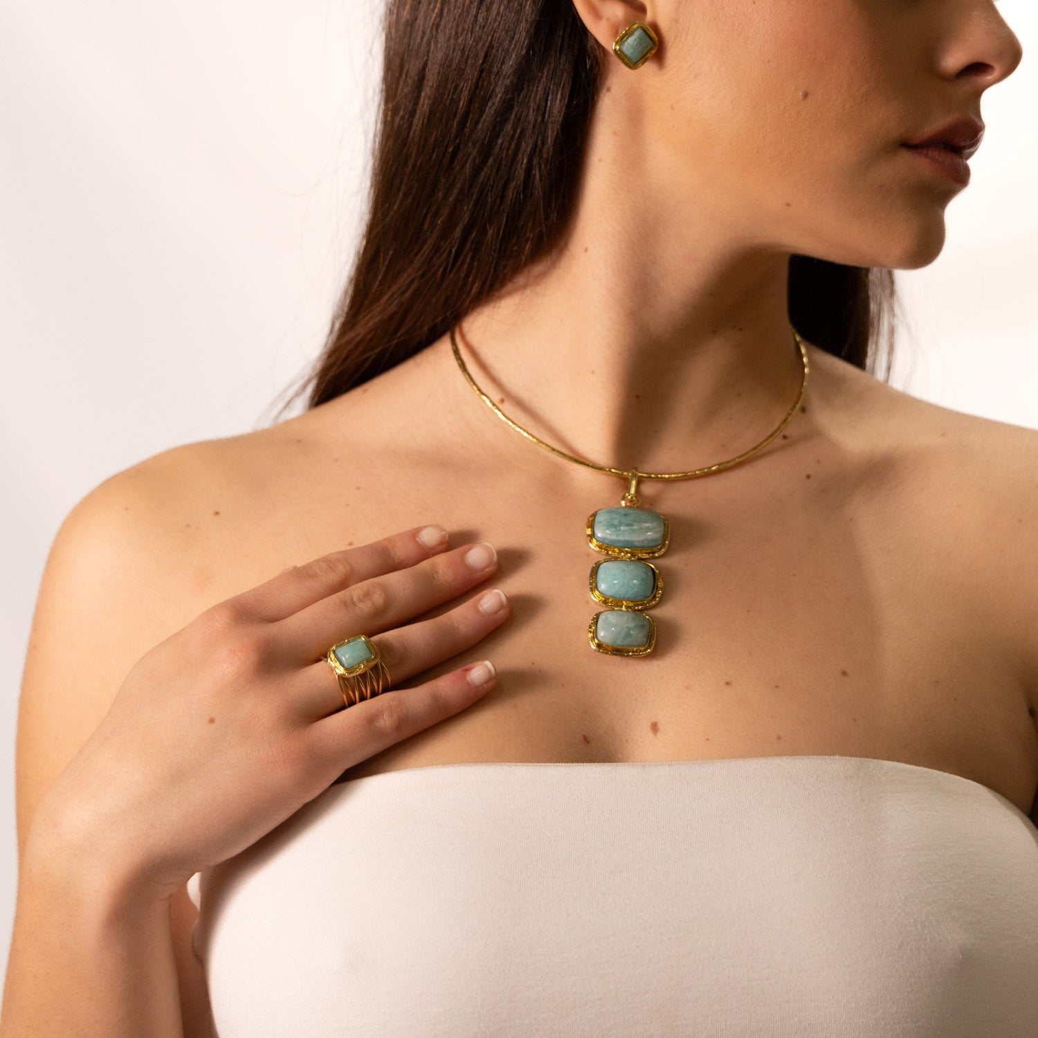 Anello in Ottone a fascia con pietra in Amazzonite