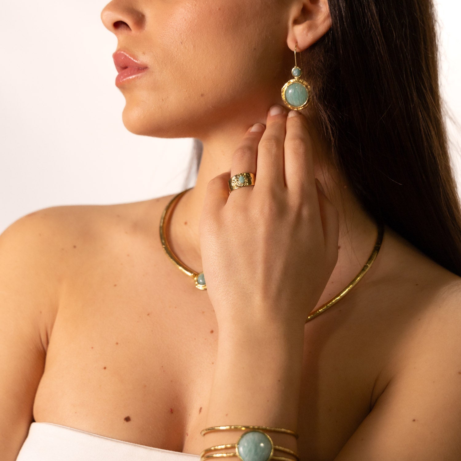 Orecchini in ottone con due pietre tonde in Amazzonite