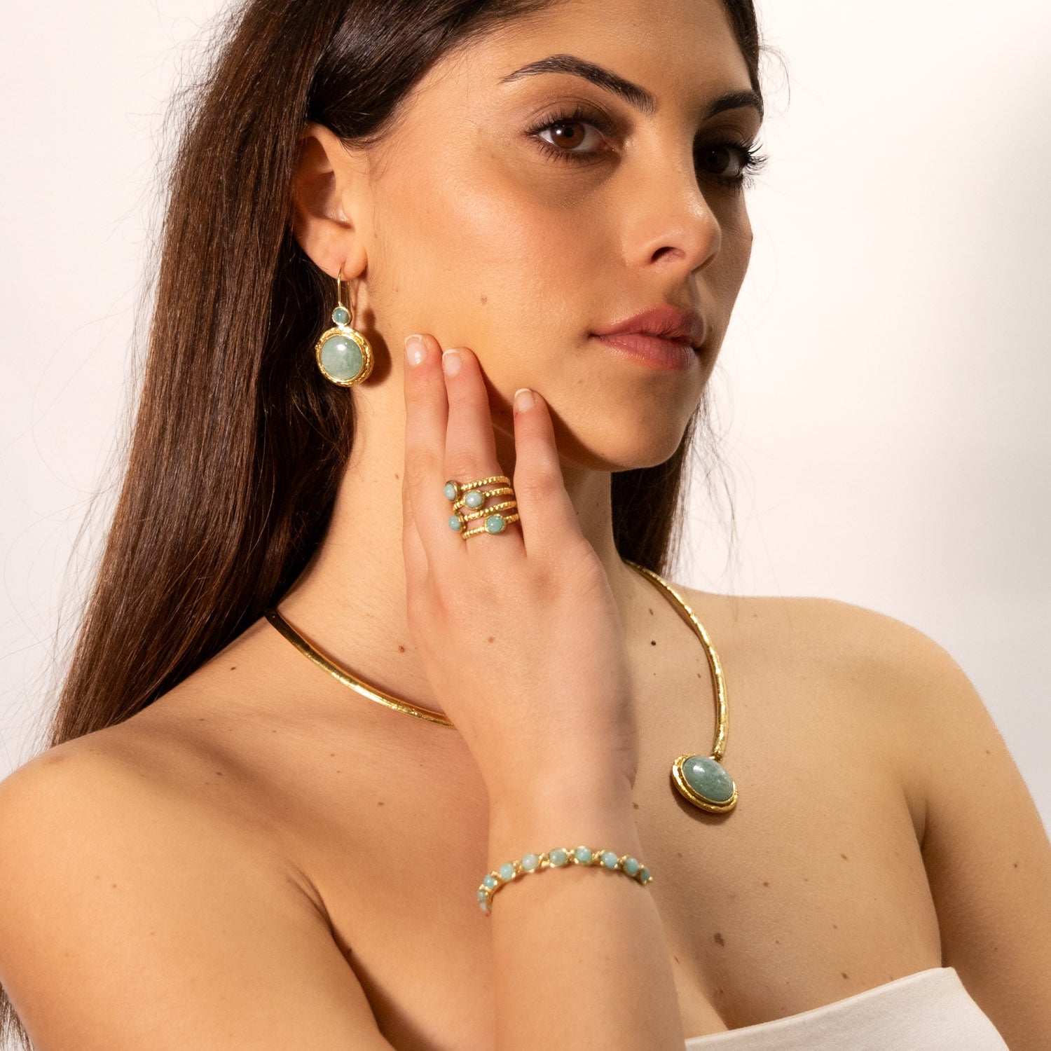 Anello ottone fascia quattro pietre amazzonite